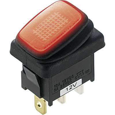 Un interruttore basculante rosso con marcatura 12V e tre piedini di connessione, adatto per circuiti elettrici.