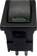 Un interruttore a levetta nero con marcatura verde nella parte superiore. L'interruttore ha quattro contatti metallici sul lato inferiore.