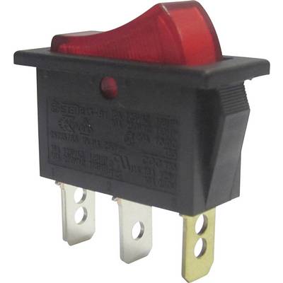 Un interruttore a levetta rosso in plastica con tre connettori metallici, adatto per circuiti elettrici.