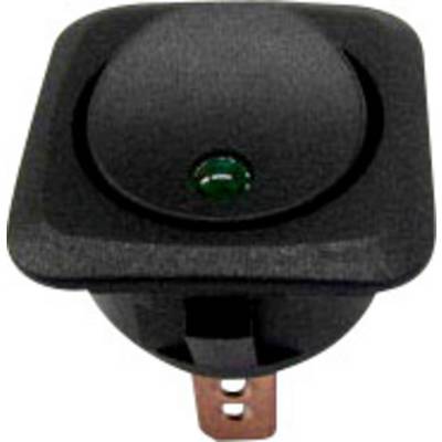 Interruttore a bilanciere nero con indicatore LED verde. Strumento per il controllo di dispositivi elettrici, comunemente utilizzato in circuiti elettrici.