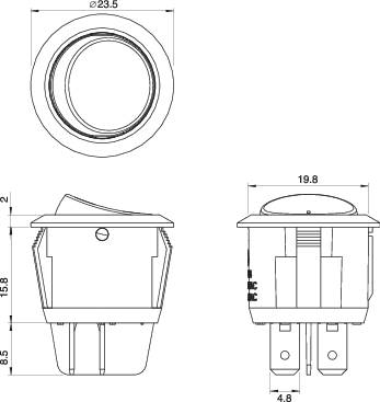 Disegno tecnico di un interruttore rotondo con indicazioni dimensionali: diametro 23,5 mm, altezza 15,8 mm, larghezza 19,8 mm, profondità 4,8 mm.