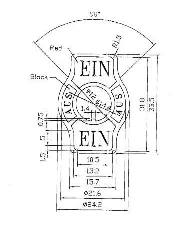 Disegno tecnico di un interruttore con etichette 'ON', 'OFF', 'Nero', 'Rosso'. Dimensioni e angoli sono indicati.