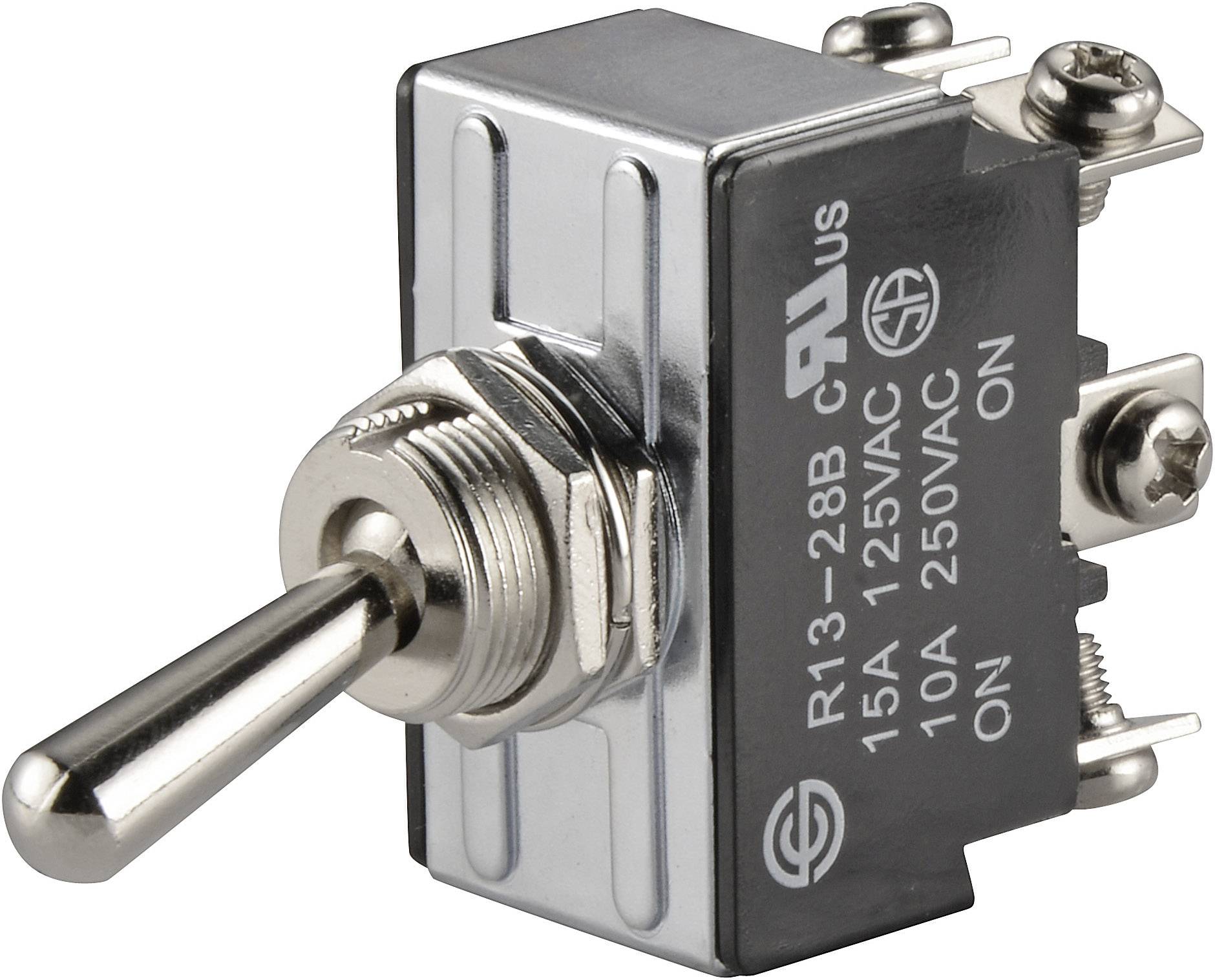 Un interruttore a levetta in custodia metallica con specifiche: '15A 125VAC', '10A 250VAC'. Contrassegnato con 'ON'.