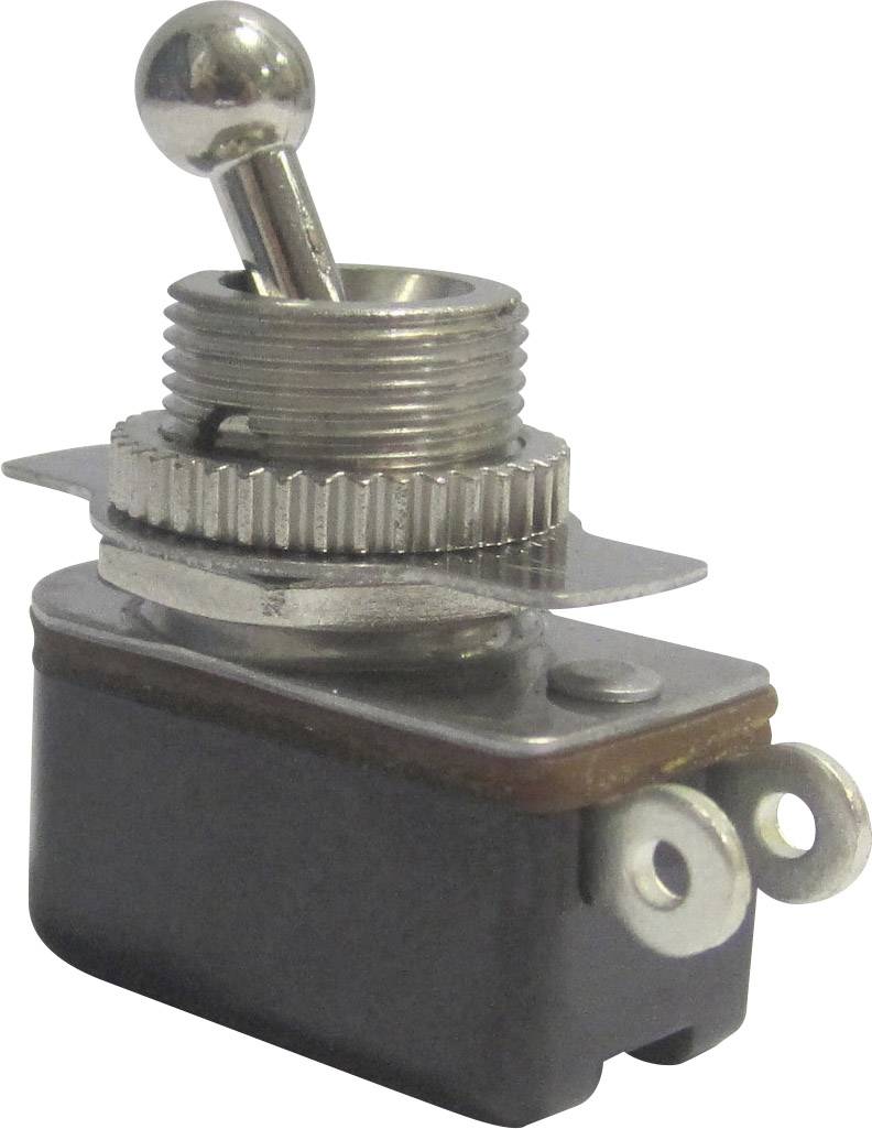 Interruttore a leva metallico montato su una base rettangolare con due fori di fissaggio.