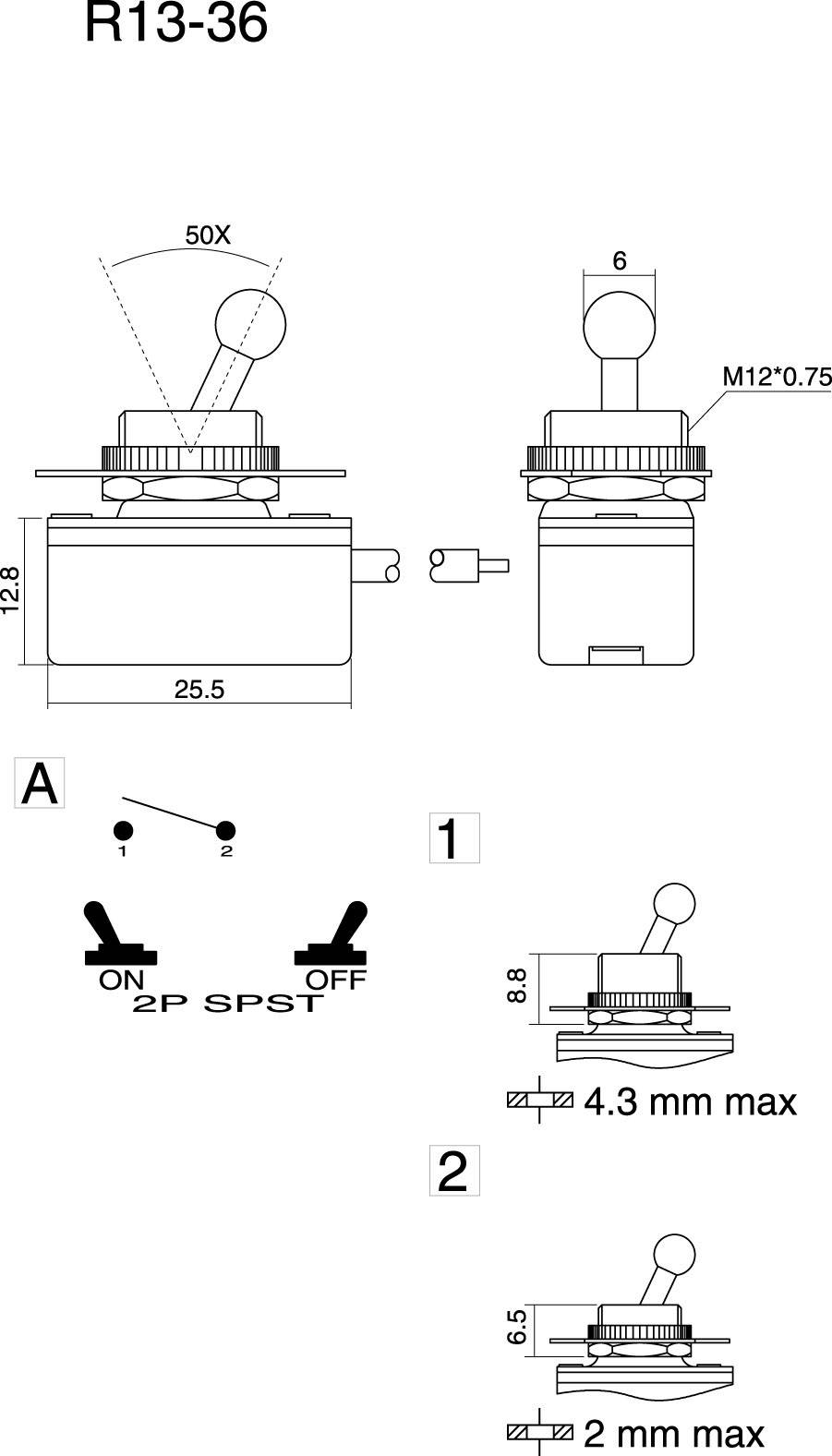 'Disegno tecnico di un interruttore a levetta R13-36 con dimensioni: larghezza 25,5 mm, altezza 12,8 mm. Marcature per la posizione ON/OFF.'