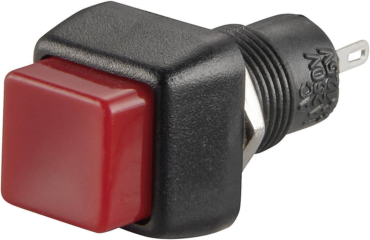 'Un pulsante rosso da incasso, montato in un supporto nero, con un attacco filettato argentato, idoneo per dispositivi elettronici.'