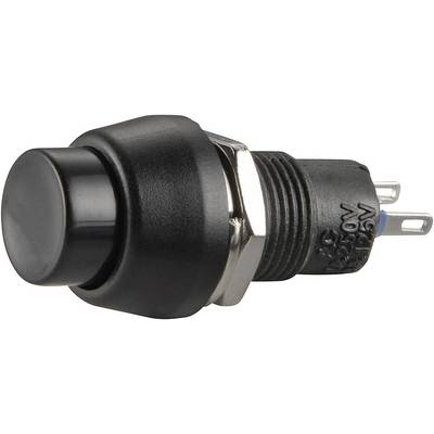 Interruttore a pulsante nero in plastica e metallo, ripreso lateralmente. Tre connessioni visibili sul retro.