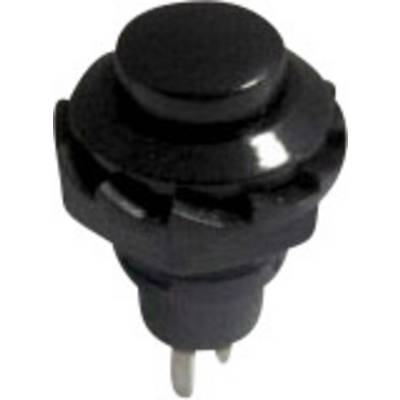 Un pulsante nero rotondo con due piedini metallici. Adatto al montaggio su circuiti stampati in dispositivi elettronici.