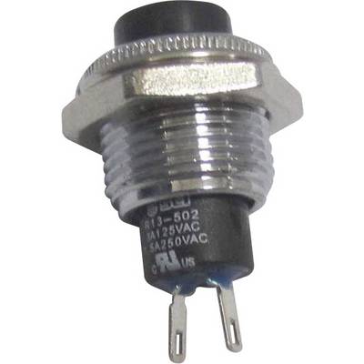 Un pulsante rotondo con due attacchi metallici, adatto per 125VAC e 250VAC, con una cornice metallica zigrinata.