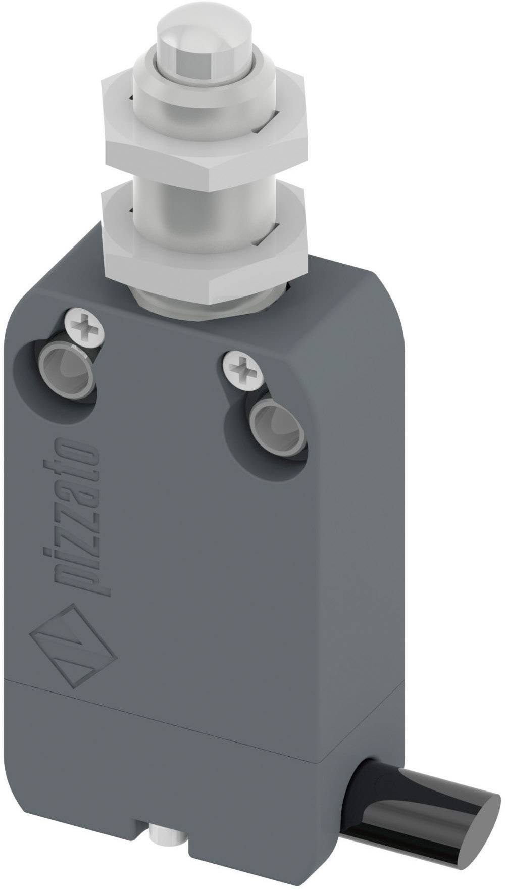 Interruttore grigio con involucro nero e pulsante bianco. Le viti di fissaggio sono visibili. Componente meccanico per il controllo.