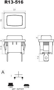 Disegno tecnico dell'interruttore 'R13-516' con vista frontale, vista laterale e simboli di commutazione. Etichettato con 'OFF', '2P SPST', 'ON'.