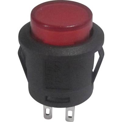 Un pulsante rosso, rotondo, con involucro nero e due connettori metallici per l'installazione in dispositivi elettronici.