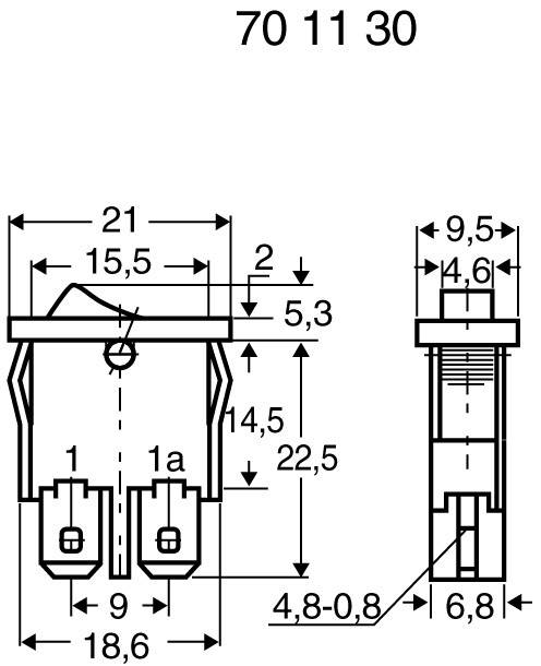 Disegno tecnico di una spina elettrica con misure in millimetri. Mostra la vista frontale e laterale, nonché le distanze dei contatti.