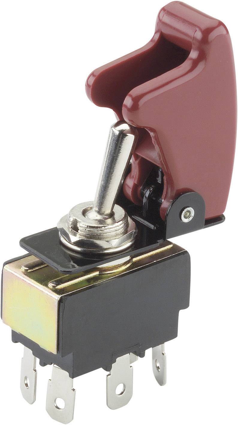 Un interruttore a levetta con copertura rossa e diversi piedini metallici di connessione, tipicamente utilizzato per il controllo di dispositivi elettrici.