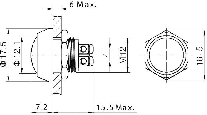 Disegno tecnico di un interruttore a pressione circolare con dimensioni: diametro 17,5 mm, lunghezza totale 15,5 mm, filettatura M12.