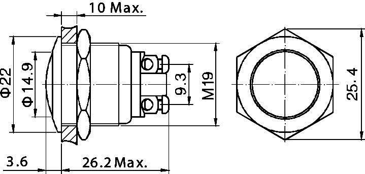 Disegno tecnico di un interruttore circolare con dimensioni: diametro 22 mm, lunghezza massima 26,2 mm. Dado esagonale: 25,4 mm.