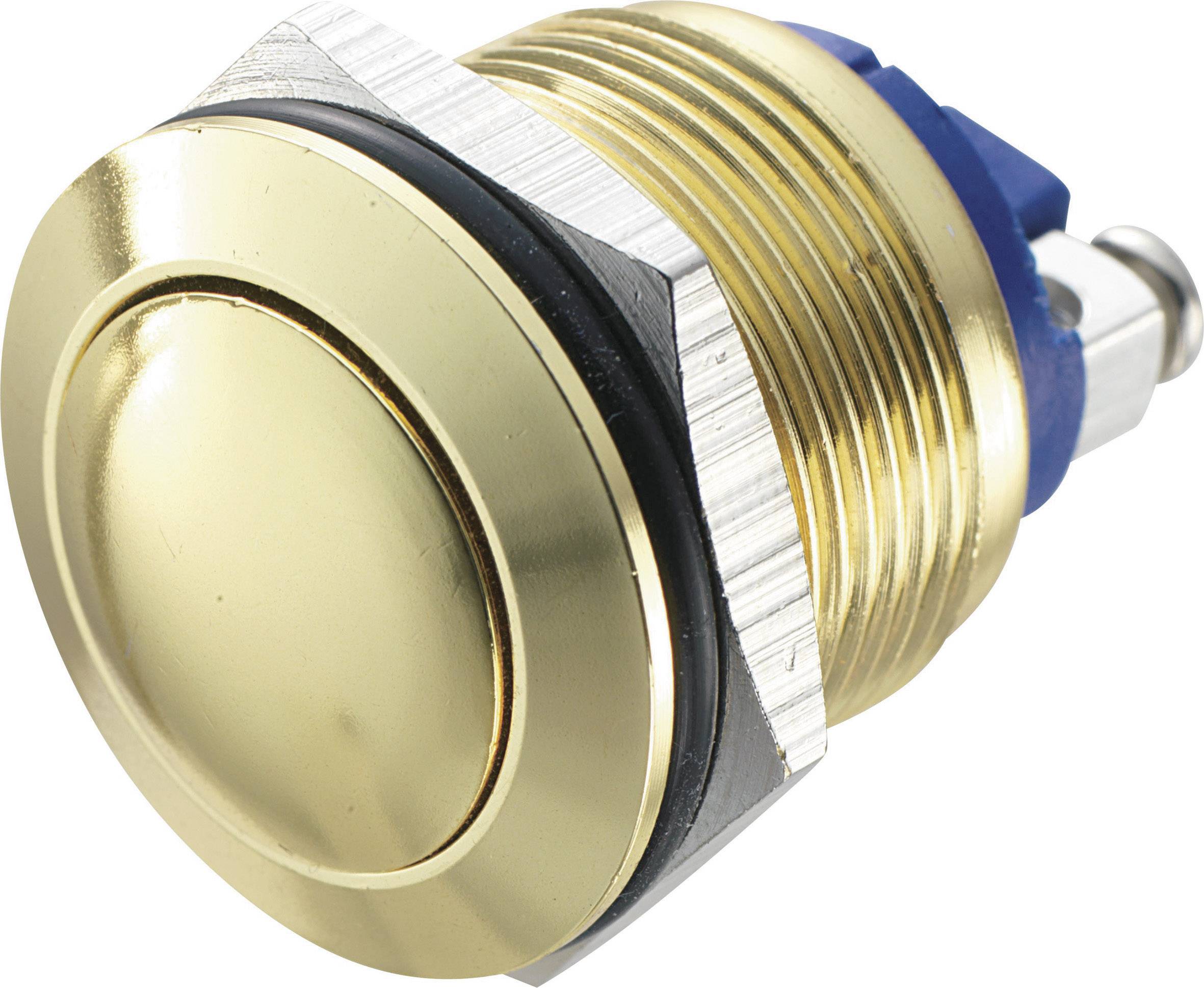 Un pulsante rotondo color oro con un attacco blu. Adatto per il montaggio in dispositivi elettronici.
