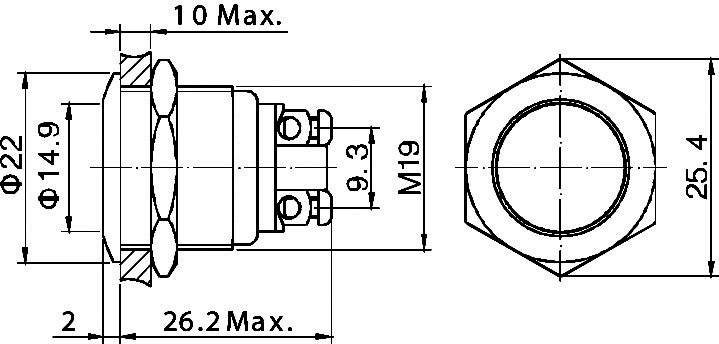 Disegno tecnico di un connettore esagonale con dimensioni in millimetri. Dimensioni principali: diametro massimo di 26,2 mm, altezze di 22 mm e 25,4 mm.