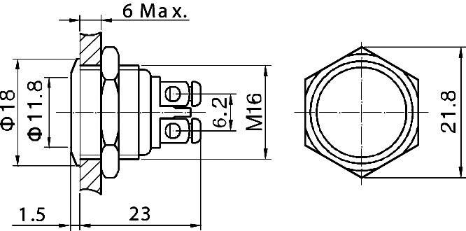 Disegno tecnico di un bottone con dimensioni: diametro 18 mm, profondità 23 mm, altezza 6,2 mm, filettatura M16. Vista laterale e vista dall'alto.