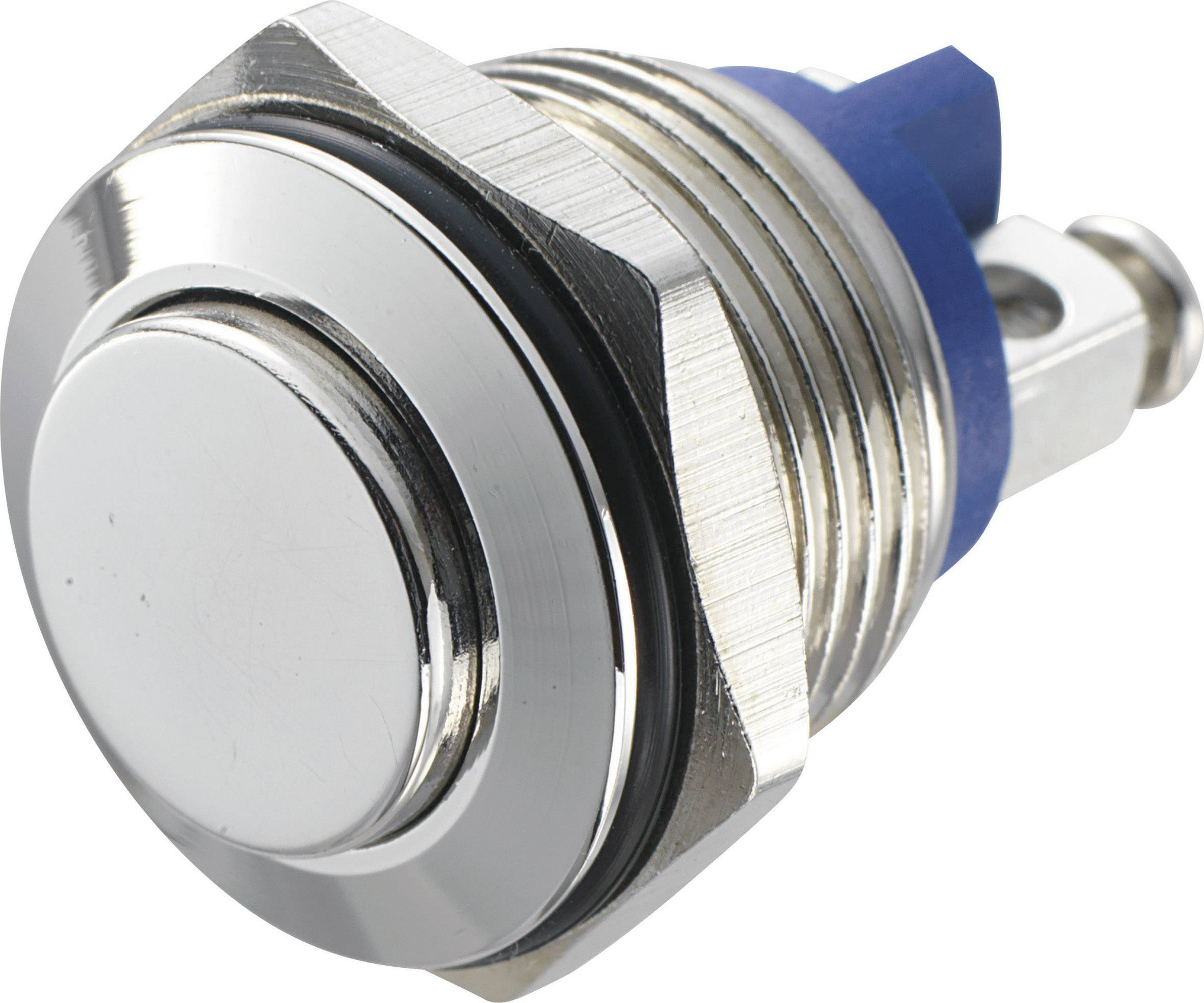 Interruttore in metallo con pulsante rotondo, montato su un involucro metallico, idoneo per dispositivi elettronici o comandi di macchinari.