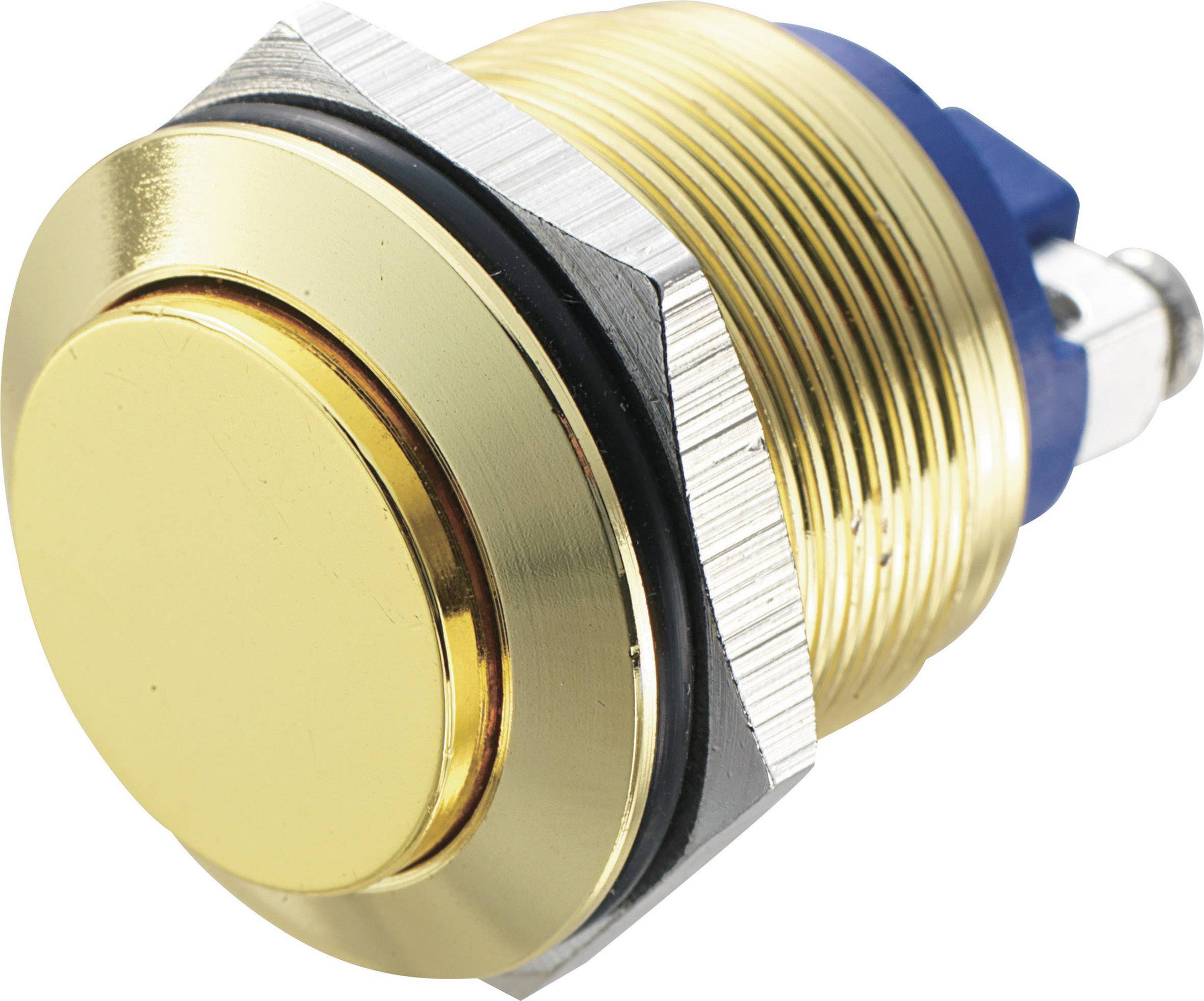 Bottone metallico color oro, rotondo, con base blu e filettatura, adatto per applicazioni elettroniche o pannelli di controllo di dispositivi.