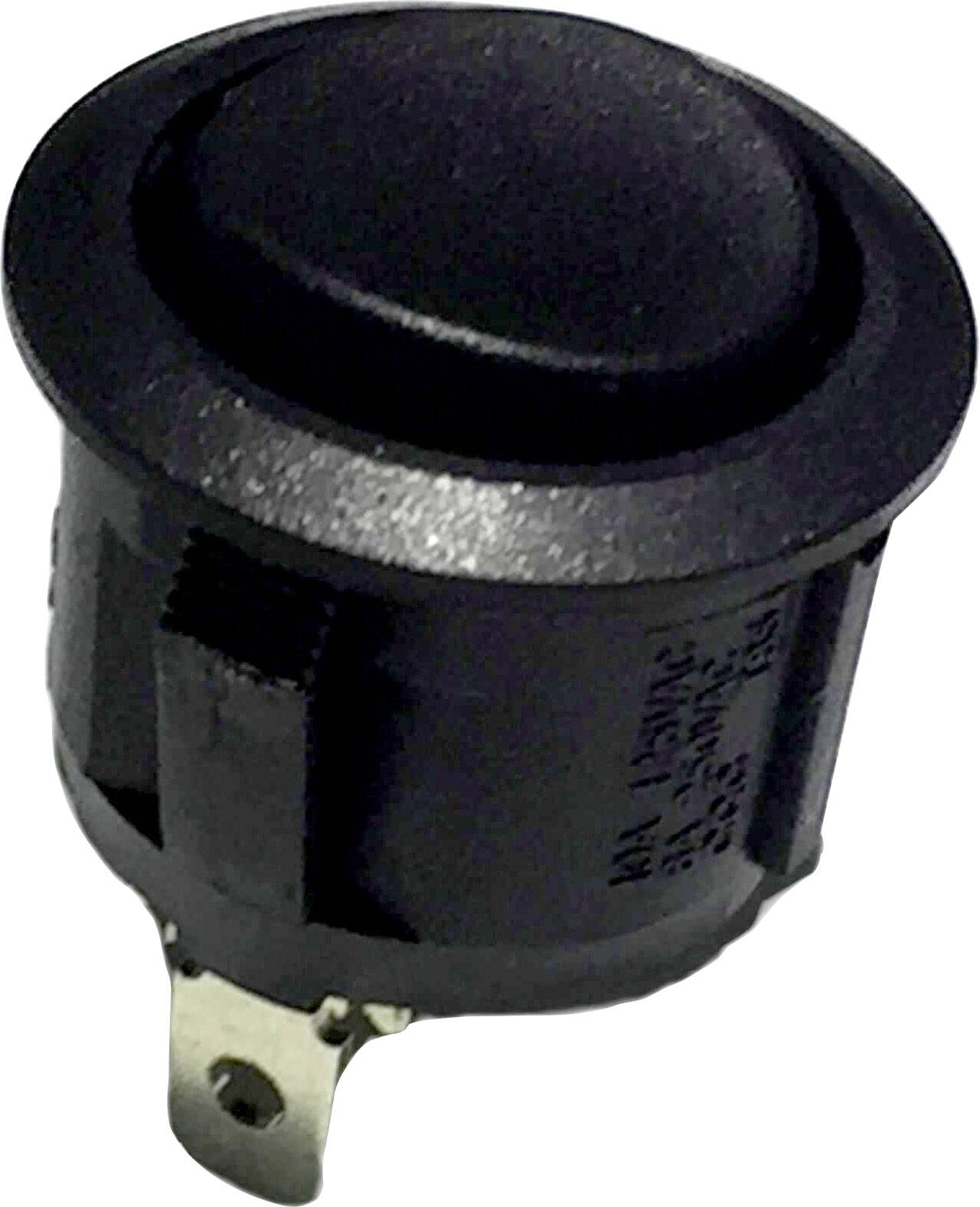Un pulsante rotondo nero con interruttore, dotato di due contatti metallici sulla parte inferiore, adatto per applicazioni elettroniche.