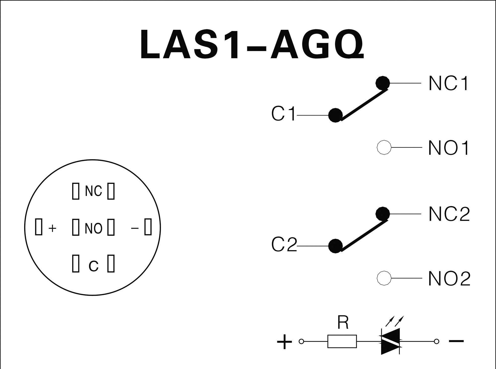 Schema di un modulo relè 'LAS1-AGQ' con contatti NC1, NO1, NC2, NO2. La sezione inferiore mostra un circuito elettrico con diodo e resistore.