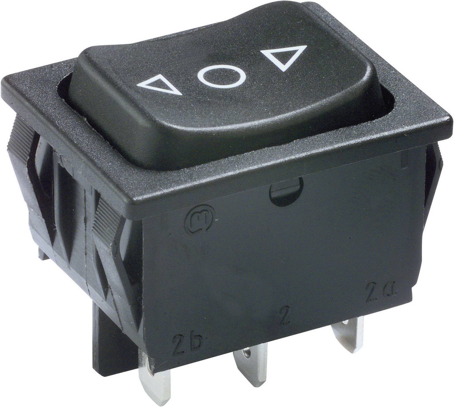 Interruttore a levetta nero con simboli di freccia rivolti verso l'alto e verso il basso. Utilizzato per il controllo di dispositivi elettronici o apparecchiature.