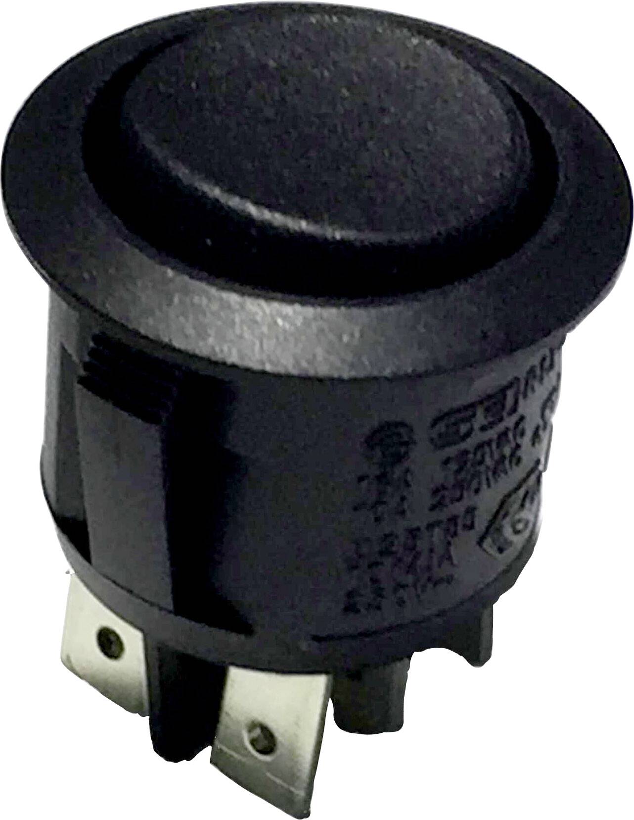 Interruttore basculante nero rotondo con tre contatti metallici, adatto per dispositivi elettronici.