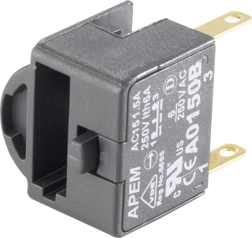 Un interruttore elettrico nero con connessioni dorate e specifiche tecniche in scrittura bianca sulla parte superiore.