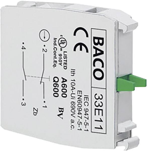 Componente elettrica bianca con pulsante verde, etichetta del marchio 'BACO', specifiche tecniche e segni di certificazione stampati.
