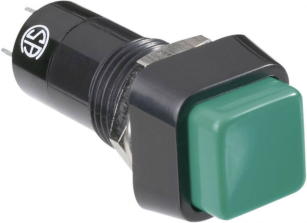 Un pulsante quadrato verde in plastica con involucro nero e due piedini metallici, adatto per dispositivi elettronici.