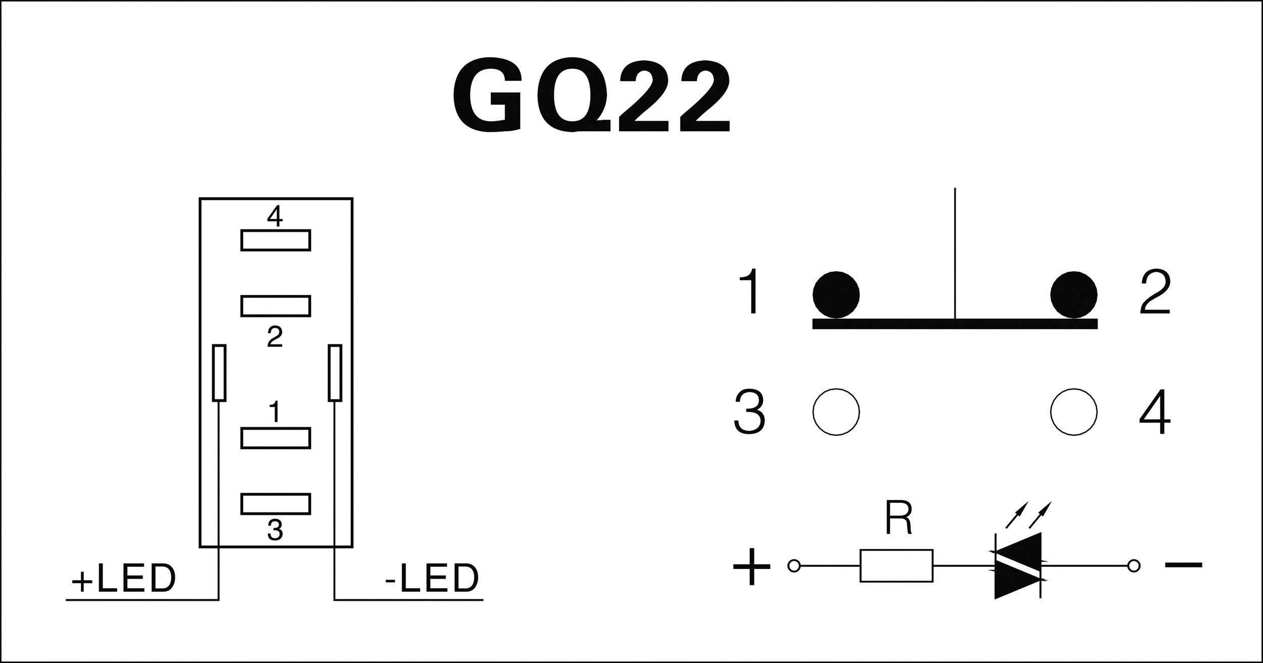 Schema di un interruttore GQ22: A sinistra disposizione dei pin (da 1 a 4), a destra simbolo dell'interruttore con resistenza e LED, polarizzato ('+LED' e '-LED').