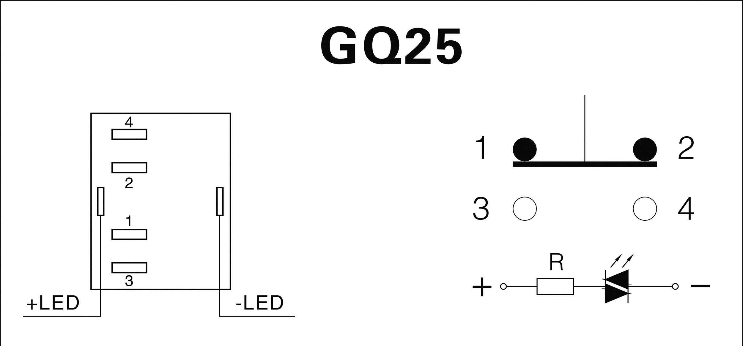 Diagramma di uno schema elettrico per il componente GQ25. Mostra i connettori LED e una resistenza per limitare la corrente.