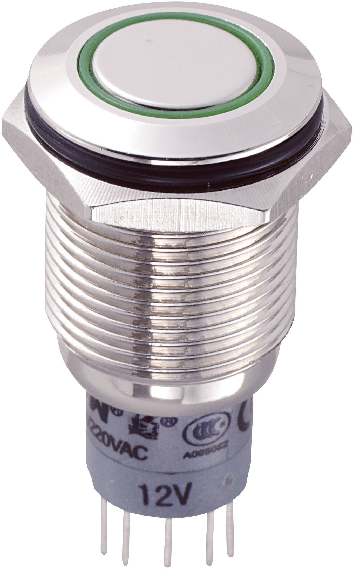 Un componente interruttore rotondo in metallo con anello verde, viti laterali e diversi pin di connessione sulla parte inferiore.