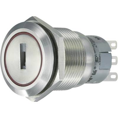 Pulsante metallico con testa rotonda, contrassegnato in rosso e con due connettori sul retro, idoneo per applicazioni industriali.