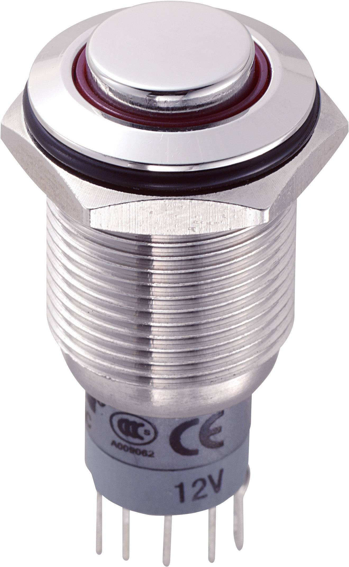 Un interruttore metallico rotondo con filettatura a vite, dettagli rossi e quattro pin sulla parte inferiore. Stampigliatura: '12V', marchio CE.