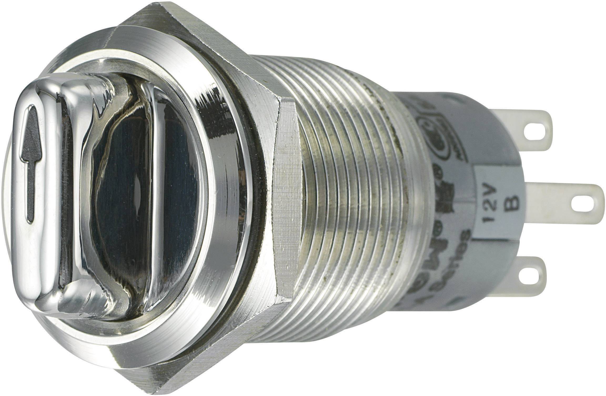 'Pulsante metallico con simbolo di freccia e tre connessioni, idoneo per sistemi a 12V.'