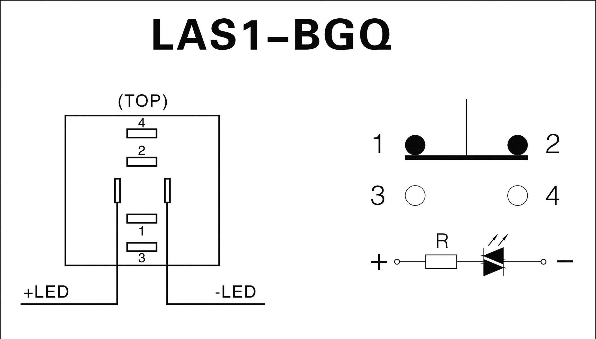 Schema elettrico per LAS1-BGQ: Mostra i collegamenti e le loro posizioni (+LED, -LED) nonché la disposizione degli interruttori con marcature numeriche da 1 a 4.