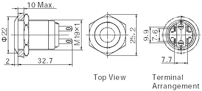 Disegno tecnico di un interruttore. Mostra le dimensioni: diametro 22 mm, lunghezza 32,7 mm. Vista dall'alto e disposizione dei morsetti con misure.