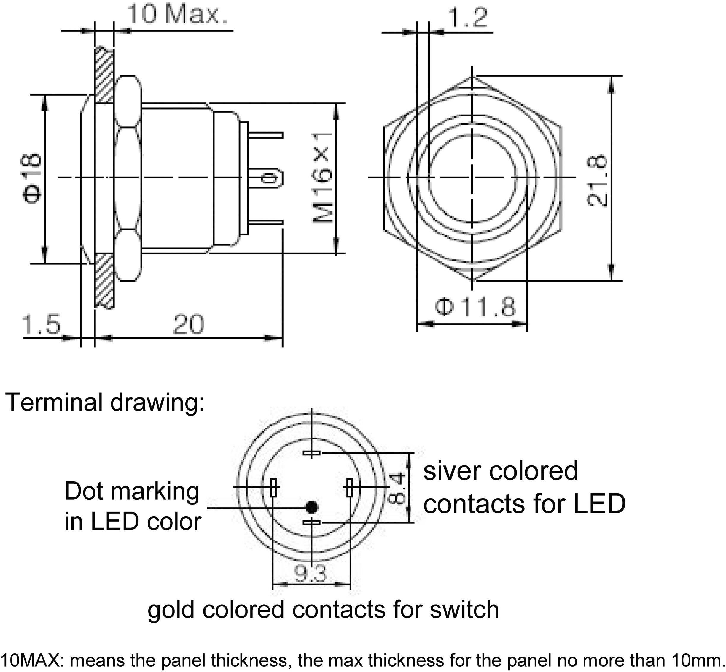 Disegno tecnico di un interruttore con contatti LED. In alto: vista dall'alto e laterale con dimensioni. In basso: contatti colorati.