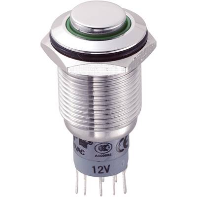 Un pulsante rotondo argentato con anello verde, adatto a 12V. Presenta sei pin di connessione sul lato inferiore. Idoneo per applicazioni elettroniche.