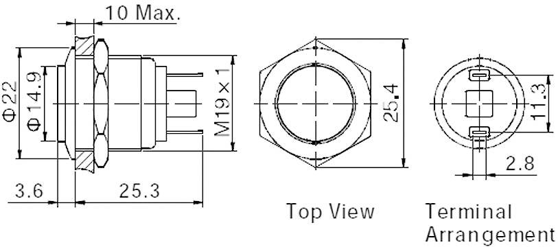 Disegno tecnico di un interruttore rotondo con dimensioni in millimetri. Mostra la vista laterale, la vista dall'alto e la configurazione dei terminali.