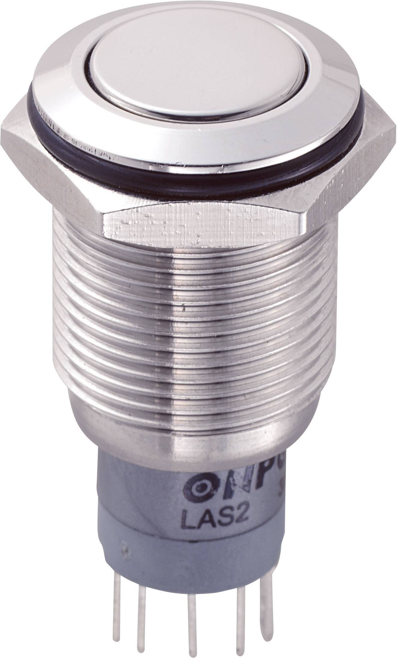 Interruttore metallico con superficie del pulsante rotonda e lucida e diversi pin di connessione sul lato inferiore. Adatto per dispositivi elettronici.