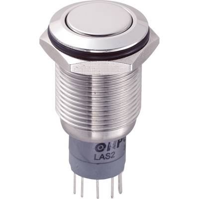 Interruttore metallico con superficie del pulsante rotonda e lucida e diversi pin di connessione sul lato inferiore. Adatto per dispositivi elettronici.