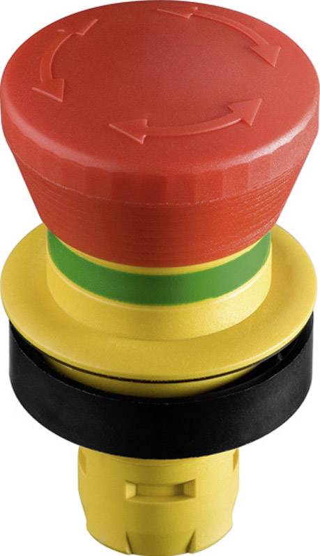 Un pulsante di emergenza rosso con frecce, montato su una base gialla, utilizzato per l'interruzione immediata del funzionamento di una macchina.