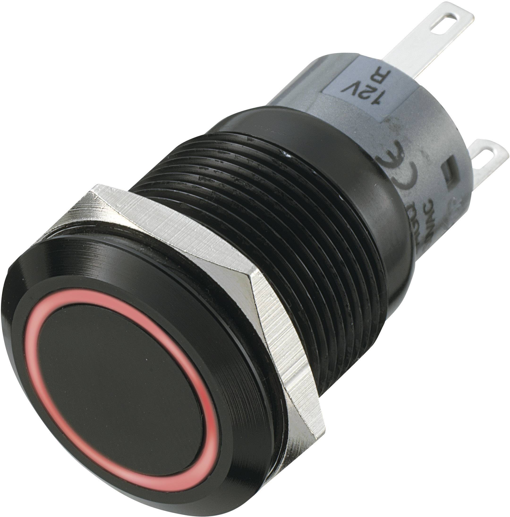 Un pulsante nero e rotondo con un anello rosso, adatto per 12V. Cornice in metallo argentato con due piedini di connessione.