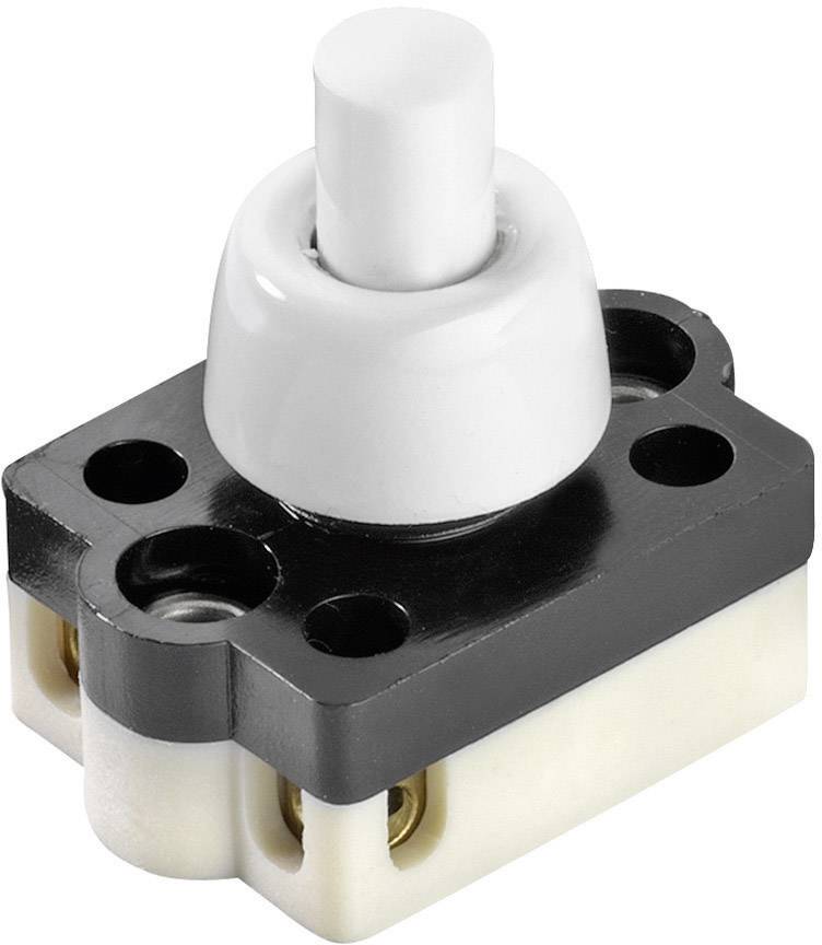 Piccolo interruttore a pulsante bianco con base nera, adatto per applicazioni elettroniche.