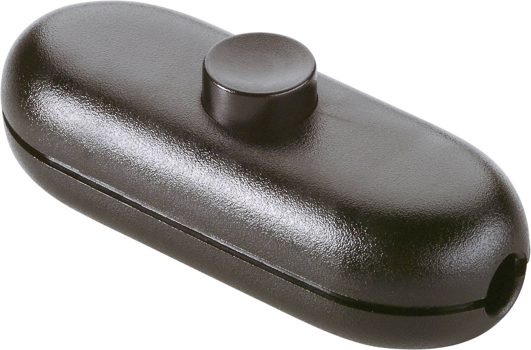 Un interruttore basculante nero in plastica, di forma ovale, con un pulsante centrale per il controllo di dispositivi elettrici.