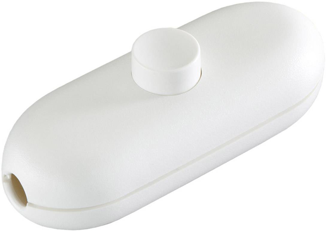 Interruttore a cursore bianco e ovale con bottone rotondo al centro, comunemente utilizzato per funzioni semplici di accensione/spegnimento su cavi.